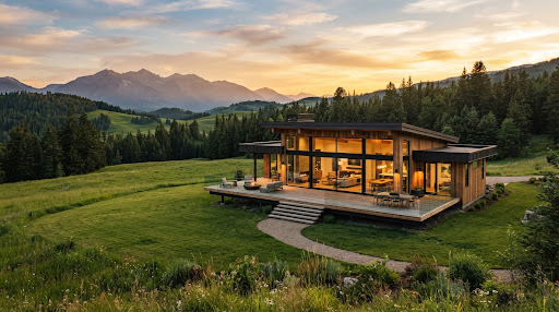 Cinematic architectural photograph of a modern eco-friendly wooden home nestled in lush rolling green meadows and dense evergreen pine forest, bathed in warm golden-hour sunset light.