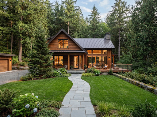 Architectural photo of a warm modern woodland retreat house with pitched roof, timber cladding, clean stone pathway, surrounded by manicured green lawn and evergreen trees.